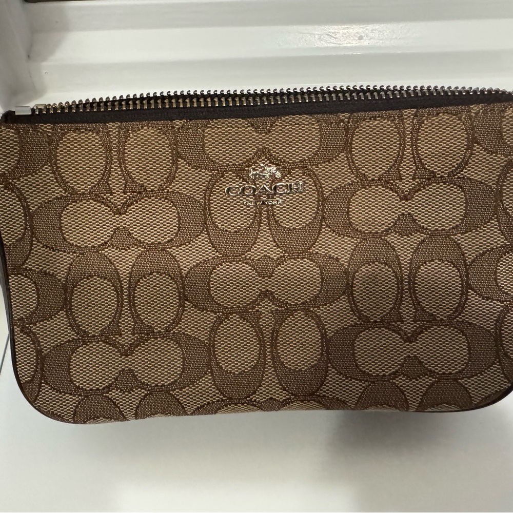 Coach Brown Leather-Trim Zip Card Pouch
